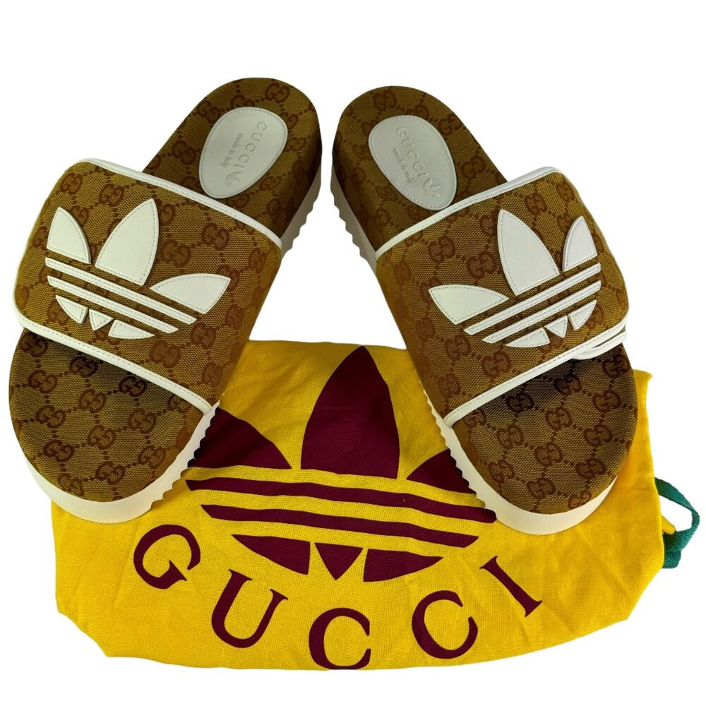 GUCCI X ADIDAS 3518968J 8126 Brown Canvas GG Supreme Men's Slides 8 - 8.5US